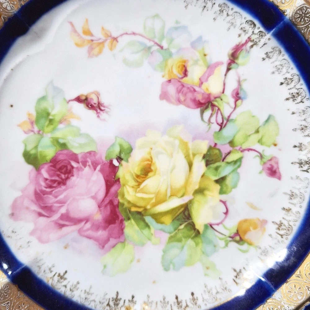 Antique Cobalt Blue Porcelain Cabinet Plate Gold Gilt Floral Roses Embossed 9.5